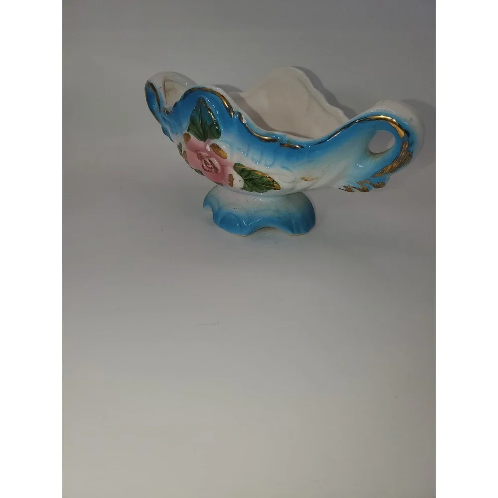 Vintage Blue White Ceramic Miniature Pitcher and Rose Footed Bowl Set